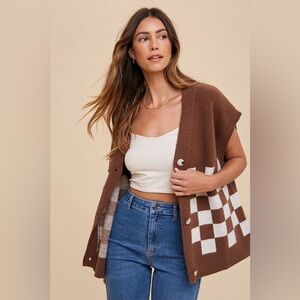Annie Wear Checkered Button Down Short Sleeve Cardigan
